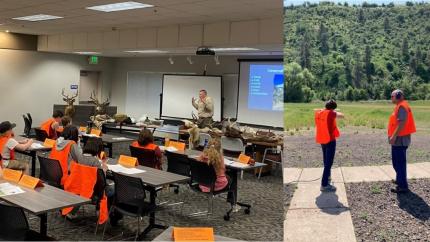 Instructors and students in a traditional hunter education course