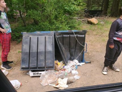 An overturned dumpster
