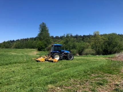 A tractor mowing a field