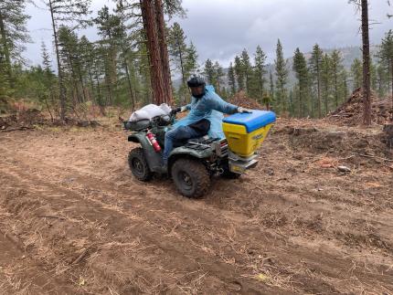 Lopez seeding native grass mixture on an ATV