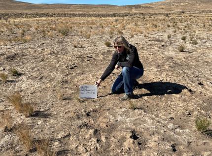 A person kneeling on the ground at the Vantage Highway fire photo point. 