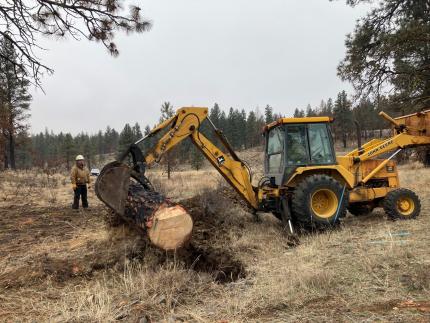 A log being partially buried by heavy machinery