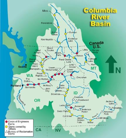 Map depicting location of dams in Columbia River basin