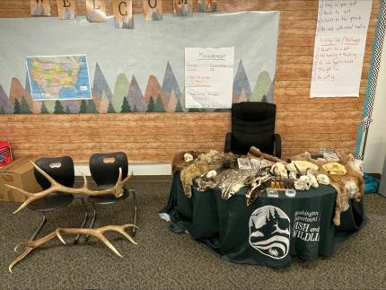 Table setup for the Rosalind Franklin STEM Night.