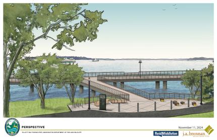 Illustrative graphic showing draft design of Elliott Bay Fishing Pier, with benches, lights, sign, and guardrails. 