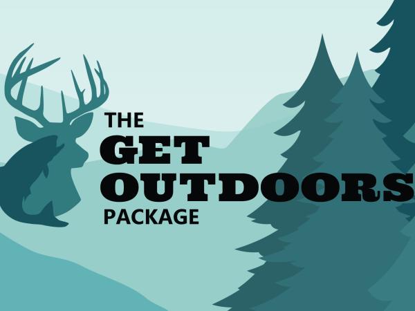 "The Get Outdoors package" lettering appears in black over a background of green mountains and conifer trees.