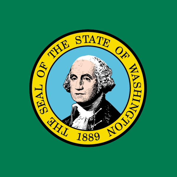 The seal of the State of Washington against a green background.